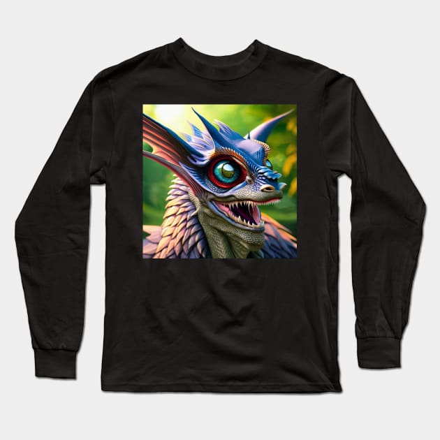 Crazy Blue Scaled Jungle Dragon with Big Eyes Long Sleeve T-Shirt by dragynrain